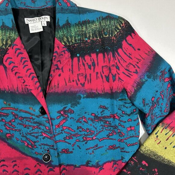 Nancy Bolen City Girl Women Multicolor 100% Silk Button Up Jacket Sequins Sz S - Picture 4 of 6